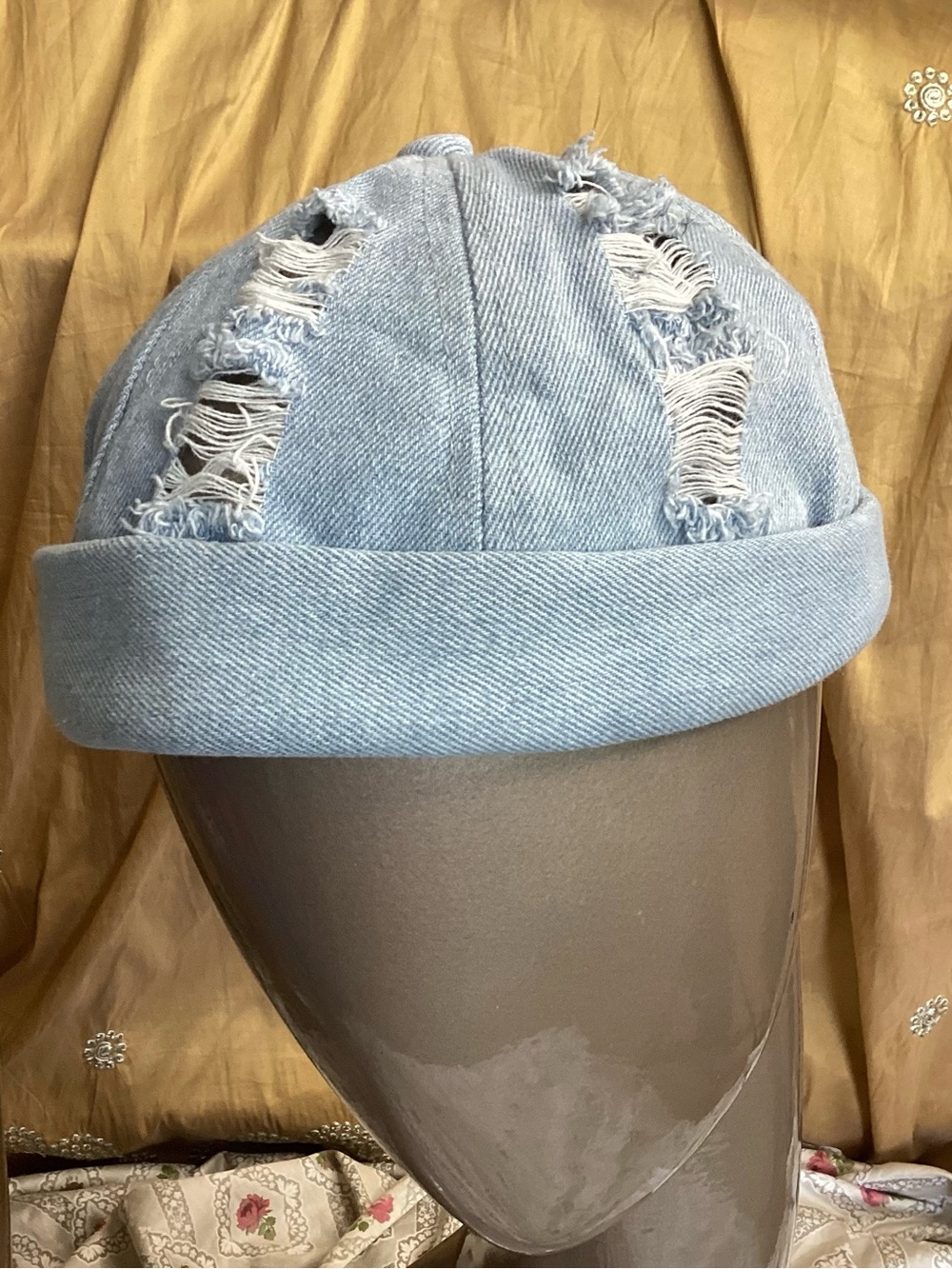 Light Blue Distressed Denim Cuffed Beanie